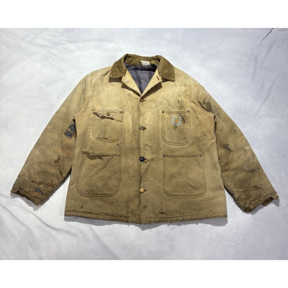 Vintage Carhartt C01 Chore Coat Blanket Lined Repaired Reworked Thrashed Size L